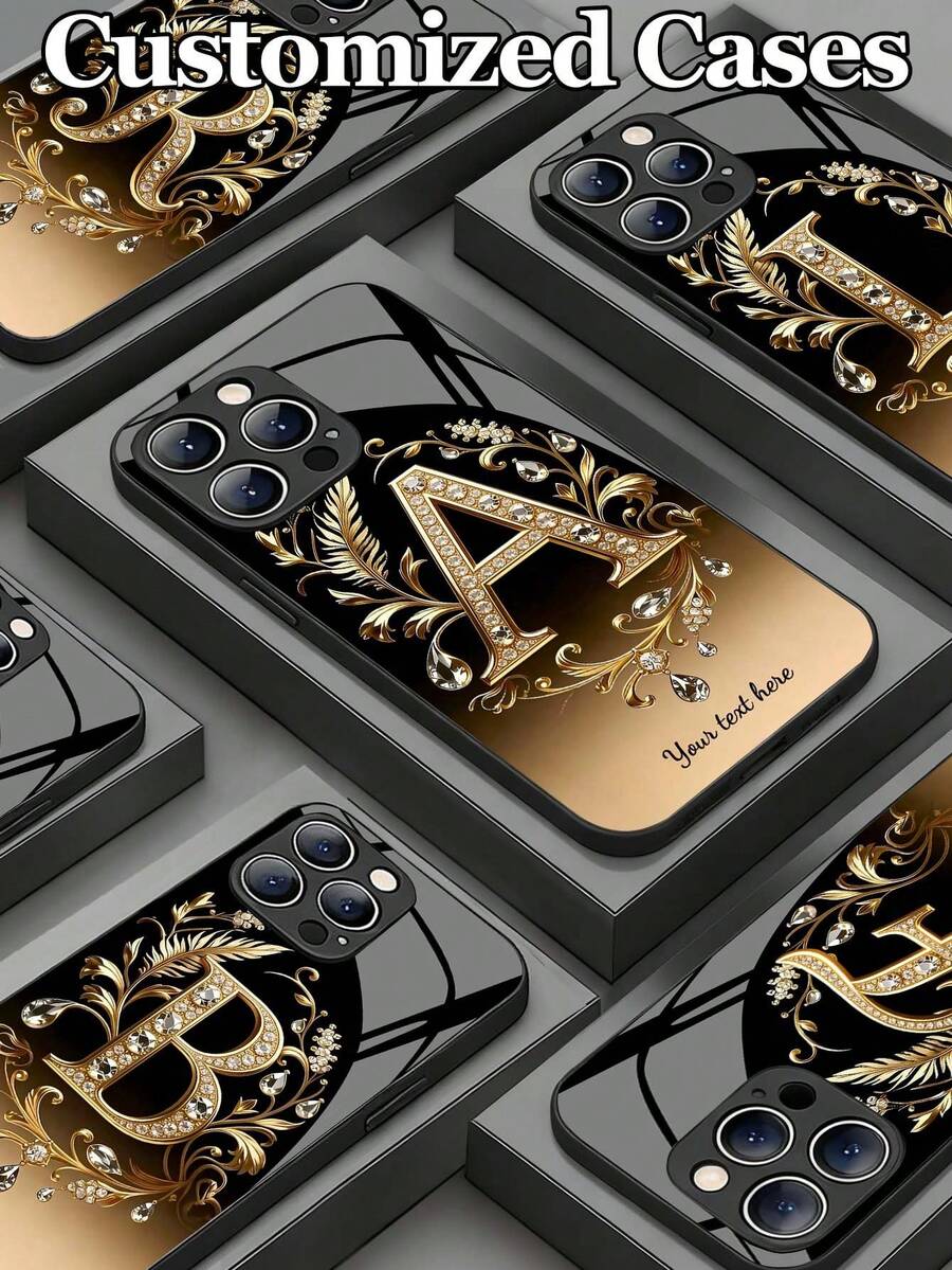 1个可定制金色字母装饰水钻纹理钢化玻璃手机壳，兼容 17 Pro Max/17 Air/15/16 Pro/14 Plus/13 Pro/12 Pro Max/11/Xs Max/8/7/6 Plus、S24 Ultra/S25 Ultra，兼容Redmi Note 13/14、Redmi K40、小米11，时尚商务定制礼品，送给家人、同事、朋友 - 黑色 - 查看 1