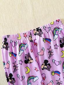Disney 少女梦幻元素翻领纽扣短袖衬衫+松紧腰长裤套装，夏季儿童舒适休闲装，适合日常穿着和居家穿着 - 紫色 - 查看 7