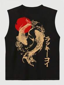 男士夏季休闲无袖印花圆领背心，1件装，适合运动、健身和日常穿着。 - 黑色 - 查看 3