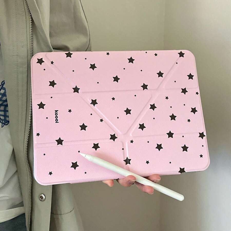可爱粉色星星极简扁平保护套，兼容苹果第11代、Pro 2025新款、第10代、Air 7/6、11英寸，带笔槽，防弯折，时尚平板电脑保护套，适合女孩使用 - 粉色 - 查看 1
