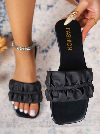 2026 New Women's Handmade Pleated Edge Strap Sandals, Fashionable Shoe Upper, Foil Printed Outsole, Casual Square Open Toe Flat Summer Shoes, Lightweight Slippers