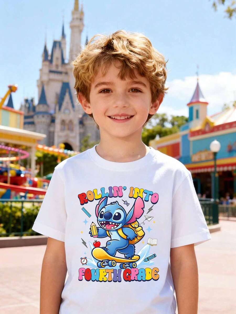 Disney Boys' T-Shirt, Creative Stitch Alphabet Print, Summer Cotton Crew Neck Short Sleeve For Boys, Perfect For Everyday Wear, Vacations, Outdoor Activities, And As A Gift For Kids. Disney Girls' T-Shirt, Creative Angelic Alphabet Cartoon Print, Summer Cotton Crew Neck Short Sleeve For Girls, Suitable For Everyday Wear, Vacations, Outdoor Activities, And As A Gift For Children. - 白色 - 查看 1