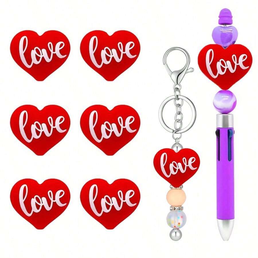6pcs Valentine's Day 3D Heart Silicone Bead Set - Ideal For DIY Jewelry Making, Pens, Necklaces And Keychains - Colorful Craft Gift Spacer Bead Kit, Silicone Character Beads - Red - View 1