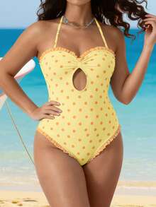 Women's Halter Neck Monokini Swimsuits Fashionable Dot Print Sleeveless Ruffle Bathing Suit - Yellow - View 4