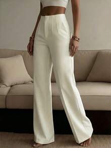 Pantalones rectos de pierna ancha de unicolor para mujer, pantalones casuales de pierna recta, versátiles para diversas ocasiones y para ir al trabajo, color blanco primaveral - Blanco - Ver 5