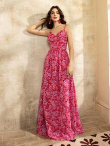 Faeriesty 优雅吊带长裙：精致印花雪纺长裙，飘逸垂坠，可调节肩带，侧开衩设计——完美适用于婚礼宾客、新娘写真、花园婚礼、浪漫之旅、正式场合及春季派对。 - 玫紅色 - 查看 6