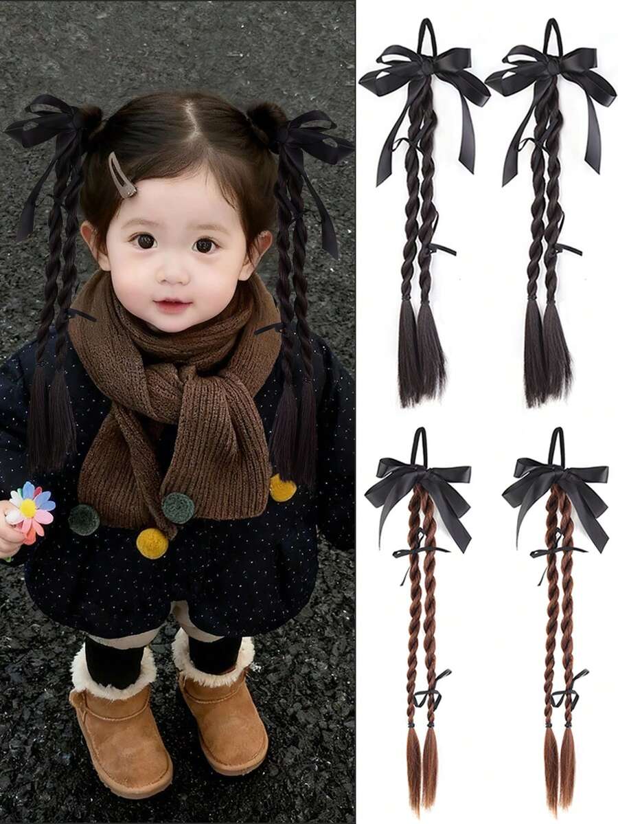 Một bộ tóc giả bện cho trẻ em kèm nơ, kiểu tóc bện xoắn, phụ kiện tóc dễ thương, tóc đuôi ngựa đôi, tóc tết kiểu dreadlocks và băng đô nhảy jazz. - Nhiều màu - Xem 1