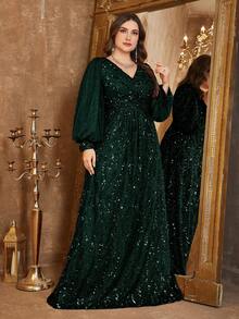 UNITHORSE Đầm dạ hội cỡ lớn dành cho nữ, kiểu dáng thanh lịch, cổ chữ V, tay phồng, eo nhún, đính sequin, màu trơn, thích hợp cho tiệc tùng, cô dâu, sinh nhật, lễ tốt nghiệp, đám cưới mùa xuân. - Màu xanh lá cây đậm - Xem 4