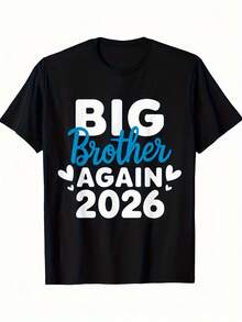 2026 Big Brother Again Graphic T-Shirt - Pink And White Letter Retro Design, Breathable Short-Sleeve Crew-Neck Casual And Outdoor T-Shirt, Suitable For Hiking, Sports, Casual Wear - All-Season Comfortable Fit Black T-Shirt, Future Brother Announcement Theme, Pregnancy Announcement For Brothers - Black - View 1