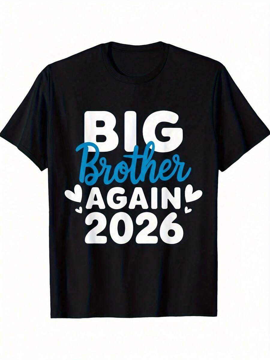 2026 Big Brother Again Graphic T-Shirt - Pink And White Letter Retro Design, Breathable Short-Sleeve Crew-Neck Casual And Outdoor T-Shirt, Suitable For Hiking, Sports, Casual Wear - All-Season Comfortable Fit Black T-Shirt, Future Brother Announcement Theme, Pregnancy Announcement For Brothers - Black - View 1