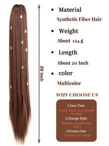 女士合成假发，带夹式银色扣环辫子、高马尾、长直发、逼真复古风格辫子、直马尾假发