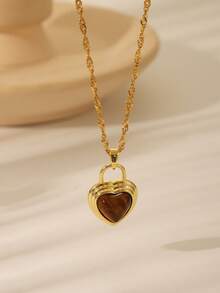 1件复古棕色宝石不锈钢吊坠项链，椭圆形太阳心形镀金水钻颈链，适合女性日常、约会、节日佩戴或作为礼物，尤其适合冬季佩戴。 - 棕色 - 查看 8