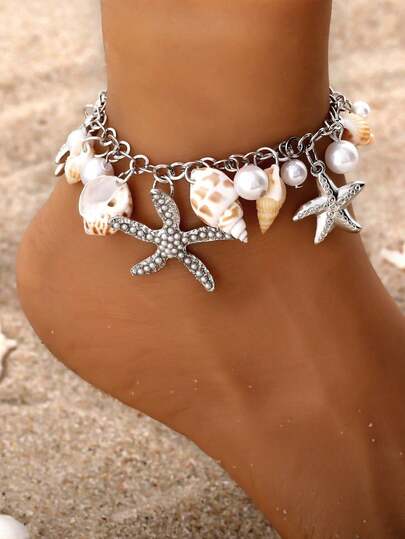 1pc Fashionable Niche Ocean Style Faux Pearl Starfish Decor Anklet, Suitable For Summer Beach, Party, Gift, Date, Daily Wear