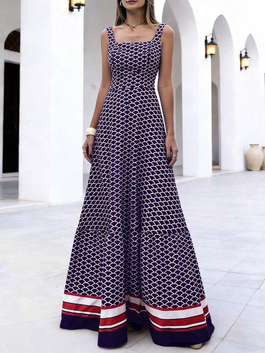 New Arrival Spring & Summer Casual Elegant Vacation Women's Maxi Dress: Navy Blue Fish Scale Print, Spaghetti Strap Square Neck A-Line Silhouette, Suitable For Vacation / Light Evening Party / Gathering