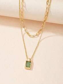 Geometric Charm Layered Necklace - Green - View 2