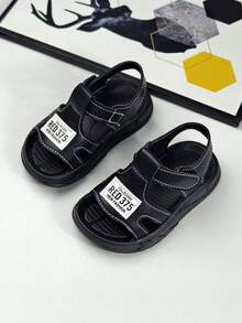 1 Pair Children's PU Open Toe Hook And Loop Flat Korean Style Handmade Sandals, Summer Baby Beach Shoes - Black - View 1