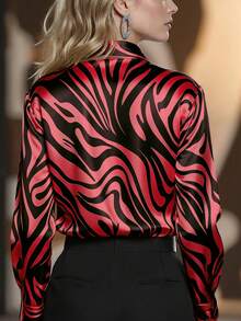 Allover Allover Print Contrast Pattern Button-Up Long Sleeve Shirt For Office Wear Vacation Spring - Red - View 3