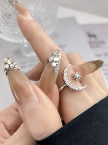 1pc Star And Moon Rings For Women, A European And American Style Star And Moon Ring, An Star And Moon Open-Finger Ring, Adjustable, Suitable For Everyday Wear - 銀色 - 查看 5