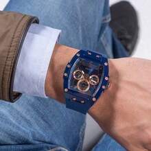 Guess 男士时尚商务休闲三眼多功能方形表盘硅胶表带石英表 GW0203G7 - 藍色 - 查看 8