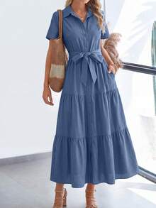 Women's Summer Dresses Short Sleeve Fluttering Multi Layers Beach Sundresses Buckle Wedding Shirt Dresses - 牛仔藍 - 查看 1