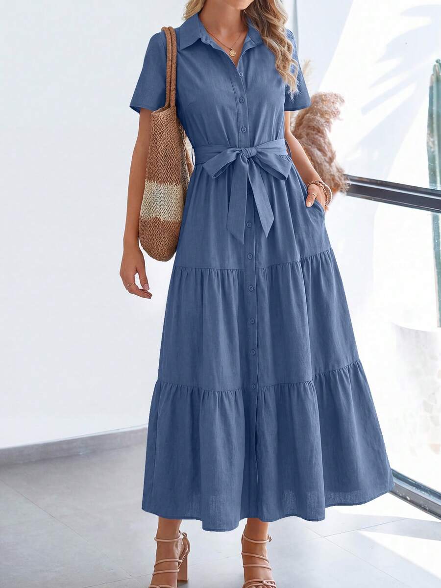 Women's Summer Dresses Short Sleeve Fluttering Multi Layers Beach Sundresses Buckle Wedding Shirt Dresses - 牛仔藍 - 查看 1