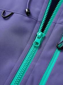 1pc Men's Spring/Autumn Outdoor Functional Hooded Softshell Jacket, Purple Contrast Color, Comfortable Fabric, Drawstring + Multi-Zipper Pockets, Adjustable Hood + Hem, Suitable For Outdoor Hiking, Climbing - Purple - View 8