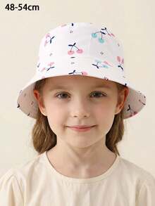 1pc Kids Cartoon Cherry Print Adjustable Windproof Bucket Hat, Sun Protection, Suitable For Spring/Summer, Great For Vacation Gifts - Cherry - View 5