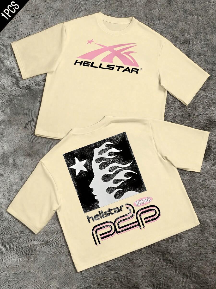 1pcs Retro Flame Star Graphic Men's Vintage 220g T Shirt Streetwear 100% Cotton Y2K Swag Double Sided Graphic Men Clothes Digital Printed T Shirt They Are Excellent Gifts For Friends And Family - 杏色 - 查看 1
