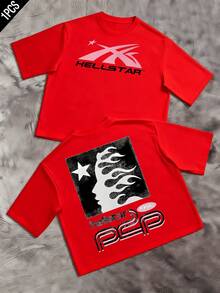 1pcs Retro Flame Star Graphic Men's Vintage 220g T Shirt Streetwear 100% Cotton Y2K Swag Double Sided Graphic Men Clothes  Digital Printed T Shirt They Are Excellent Gifts For Friends And Family - 紅色 - 查看 7