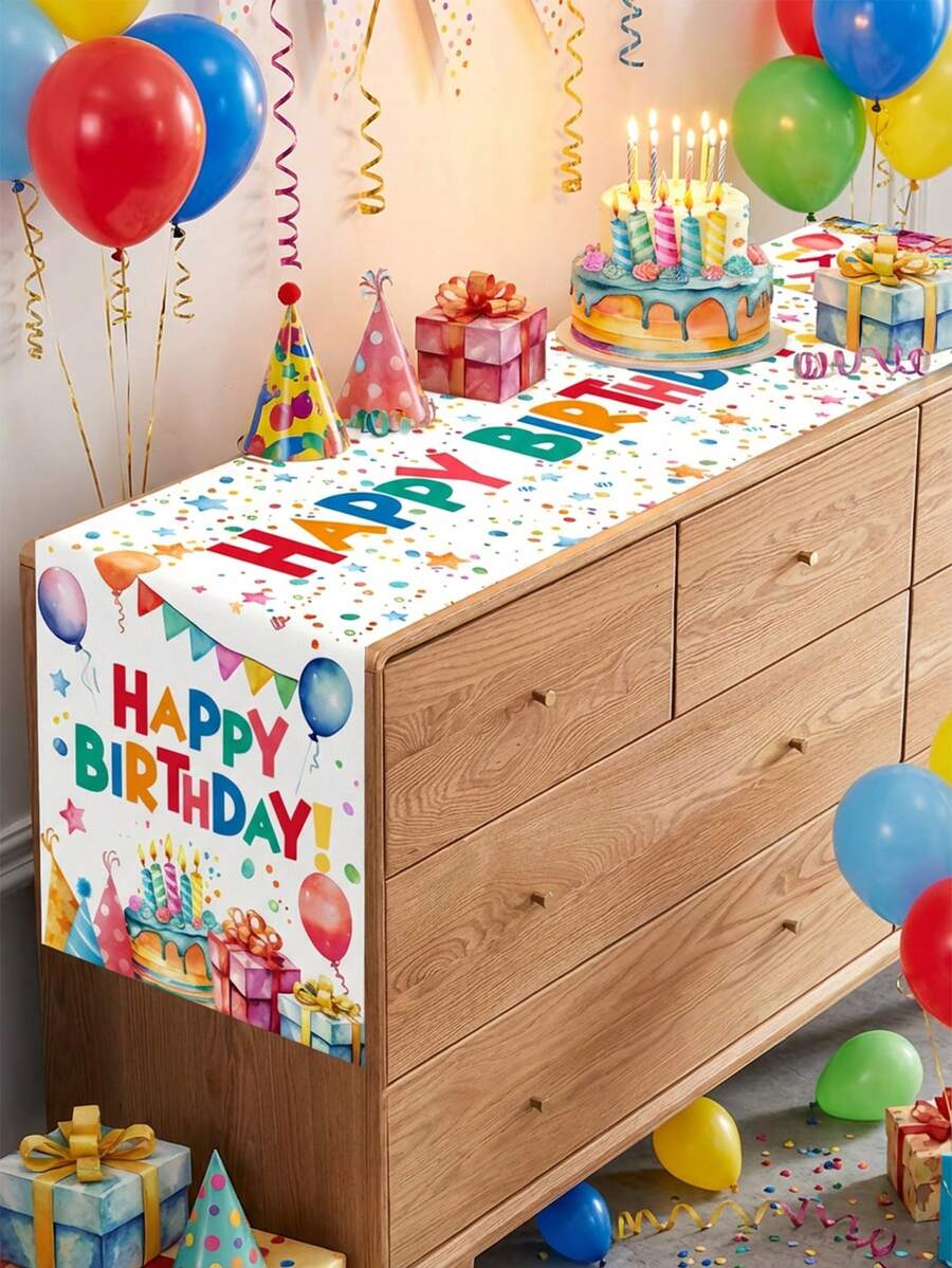 1 buah Taplak Meja Ulang Tahun Berwarna-warni - Taplak Meja Poliester dengan Teks "Selamat Ulang Tahun", Balon, Kue, Kotak Hadiah, dan Bendera Warna-warni, Bentuk Persegi Panjang, Pola Cerah dan Menarik, Mudah Dibersihkan, Menciptakan Suasana Pesta Ulang Tahun - kue ulang tahun - View 1