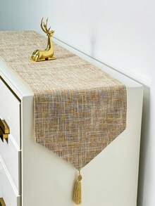 1pc Simple Solid Color Faux Linen Digital Printed Table Runner, Beige Double Layer Tassel Fringe Dining Table Decor Cloth, Kitchen Supplies Dining Room Tablecloth, Bar Cafe Triangular Table Runner, Daily Home Dining Table Center Long Cloth, Holiday Party Banquet Table Runner, 30*180cm 30*200cm - Brown - View 2
