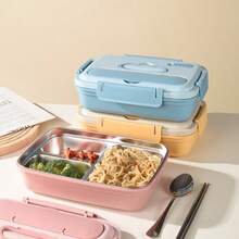 Stainless Steel Insulated Lunch Box - 304 Stainless Steel, Microwave , Portable Student Compartment Container With Handle For School, Picnic, And Travel, School Bento Box | Slim Metallic Surface | Durable Insulated Food Container - Màu xanh lam - Xem 2