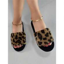 Women Leopard Pattern Fuzzy Bedroom Slippers, Fashionable Open Toe Home Slippers,Halloween - Brown - View 3
