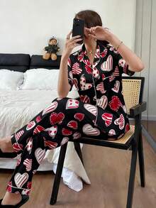 女士爱心印花翻领短袖上衣和长裤睡衣套装，休闲家居服两件套，春夏款 - 黑色 - 查看 1