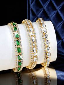 1 chiếc vòng tay mạ đồng thời trang hiện đại tối giản đính đá Cubic Zirconia lấp lánh, đa năng dành cho nữ, phù hợp cho tiệc tùng, hàng ngày, thường ngày, trang sức cao cấp, tiệc chiêu đãi, quà tặng ngày Valentine. - Kiểu nhiều lớp - Xem 2