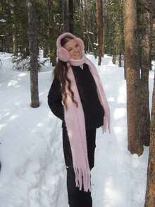 1 Pc Women Winter Scarf Horsehair Black Imitate Cashmere Shawls And Wraps Thick Warm Lady's Fashion Solid Color Tassel Pull Plush Scarves Outdoor Women Shawl - 粉色 - 查看 6