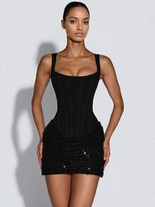 Lace-Up Sequined Halter Bodycon Dress, Fitted Party Dress - 黑色 - 查看 1