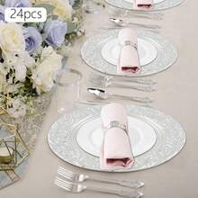 WUPYI 24-Piece Plate Set, Round Packaging Tray, Reusable Tableware Set, Recessed Base, For Birthday Parties, Weddings, Restaurants, And Home Use, 33 Cm Diameter (Silver) - SILVER. - View 1