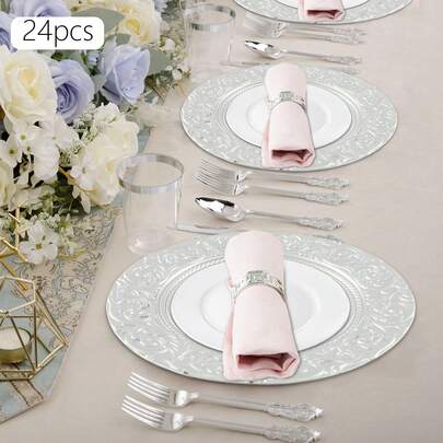 WUPYI 24-Piece Plate Set, Round Packaging Tray, Reusable Tableware Set, Recessed Base, For Birthday Parties, Weddings, Restaurants, And Home Use, 33 Cm Diameter (Silver)