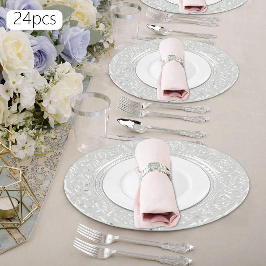 WUPYI 24-Piece Plate Set, Round Packaging Tray, Reusable Tableware Set, Recessed Base, For Birthday Parties, Weddings, Restaurants, And Home Use, 33 Cm Diameter (Silver) - SILVER. - View 1