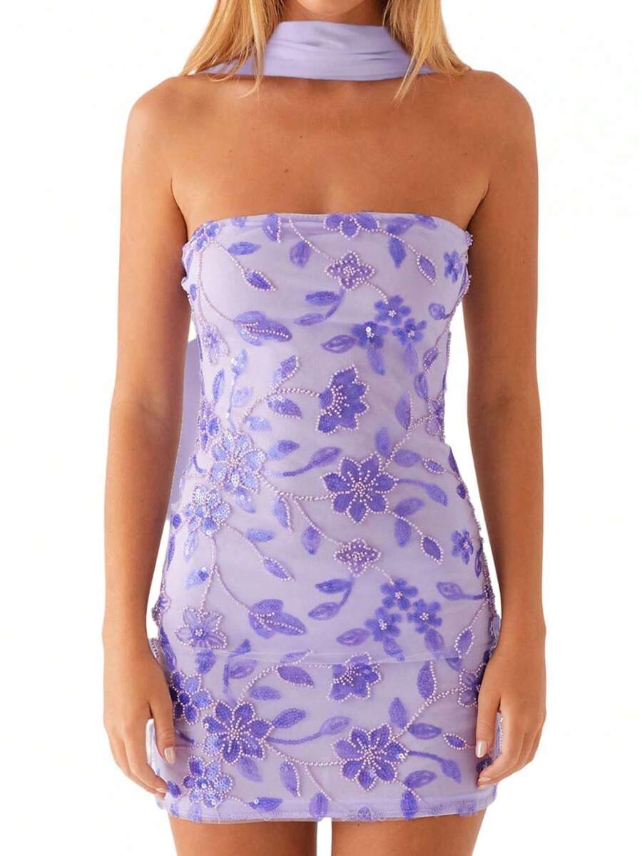 Vestido tubo sin mangas con hombros descubiertos, bordado de flores, con bufanda, para mujer en verano - Morado - Ver 1
