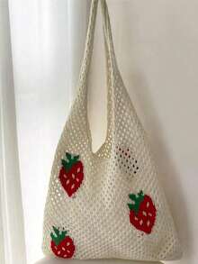 女士草莓印花钩编沙滩手提包，大容量夏季度假包，敞口白色涤纶材质，便携式镂空天然面料沙滩包 - 彩色 - 查看 5
