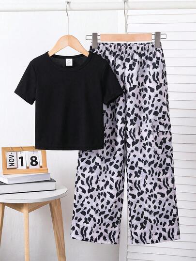 2pcs/Set Girls Solid Color Short Sleeve T-Shirt & Leopard Print Elastic Waist Pants Casual Outfit, Crew Neck Knit Top & Printed Cargo Pants, Suitable For Teens Daily Wear
