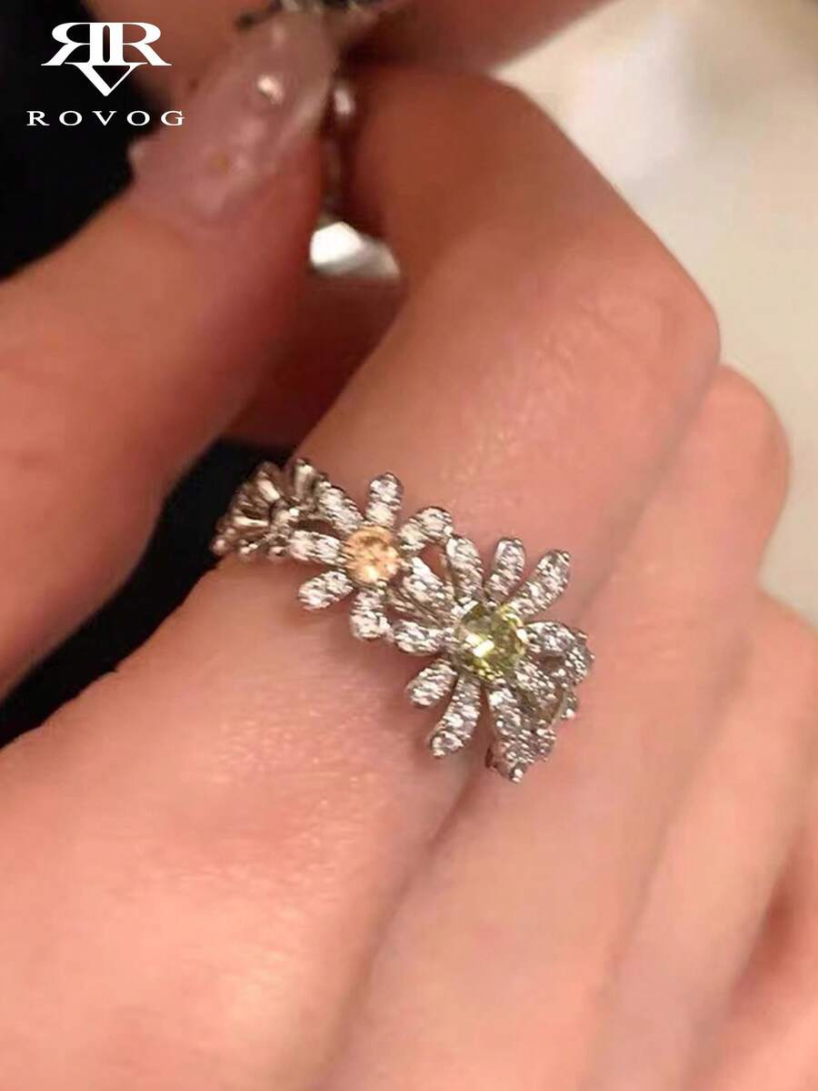 1pc Elegant Floral Luxury Adjustable Copper Ring With Sparkling Cubic Zirconia, Suitable For Vacation, Party, Holiday Gift, Fashionable & Charming