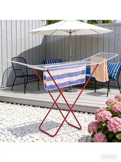 A Multi-Functional Winged Clothes Rack - Easy To Install, Lightweight And Portable - Perfect For Drying T-Shirts, Shirts, And Jeans. Strong Load-Bearing Capacity, Space-Saving Design, Large Capacity With Double Wings, Multi-Functional Drying, Multiple Horizontal Bars For Drying More Items, Suitable For Indoor And Outdoor Use, Wide Spacing For Ventilation, And Stable Triangular Structure Support.