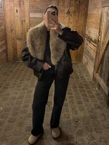 Women's Detachable Faux Leather Jacket With Fur Collar, High Street Casual Double-Breasted Coat, Fashion New Style For Spring/Winter - Brown - View 7