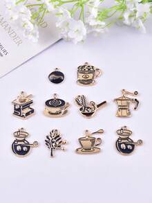 10pcs Mixed Coffee Bean & Coffee Machine Shaped Zinc Alloy Pendant Charms, DIY Jewelry Accessories For Women