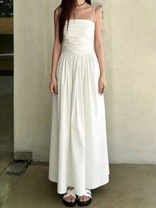 Vestido elegante de unicolor con cintura fruncida, vestido con tirantes finos y espalda descubierta favorecedora para vacaciones y fiestas, blanco de verano - Blanco - Ver 3