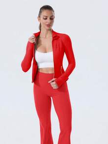 Women's Long Sleeve BBL Jacket With Pockets And Thumb Holes, Running Workout  Activewear Top - Năm mới Đỏ/Vàng - Xem 5