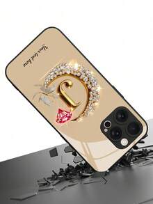 1pc Customizable Text & Letter Design Gold Crescent Moon Frame Rhinestone Studded Tempered Glass Phone Case, Compatible With Iphone 17 ProMax/17 Air/15/16 Pro/14 Plus/13 Pro/12 Pro Max/11/Xs Max/8/7/6 Plus, S24 Ultra/S25 Ultra, Redmi NOTE 13/14, Redmi K40, Mi 11, Fashionable Business Custom Gift For Family, Colleagues, Friends - Black - View 7